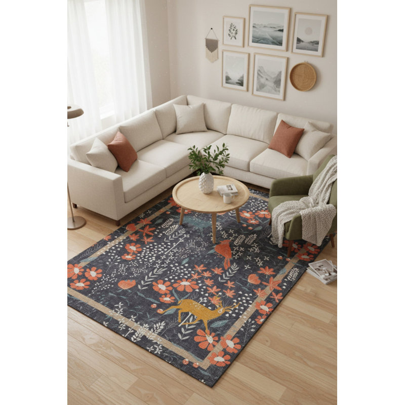 Tapis en chenille moderne tissé à motif floral bleu marine / orange Hattiesburg, Rectangle 8 pi 3 po x 11 pi 6 po