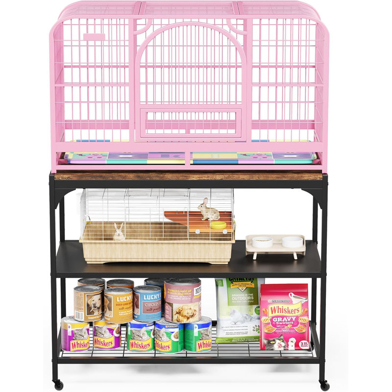 Support à cage à 3 niveaux pour petits animaux avec roues verrouillables et plateau de table