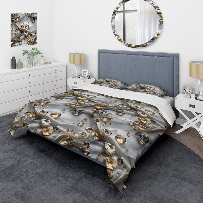 Ensemble de housse de couette gris et doré Crystal Reflections Glam - Glam, Housse de couette pour grand lit et 2 taies décor