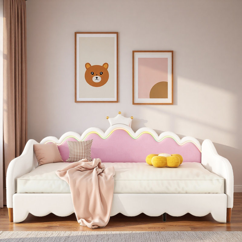 Lit de jour extensible rembourré avec lumières à DEL et tête de lit couronne, Rose