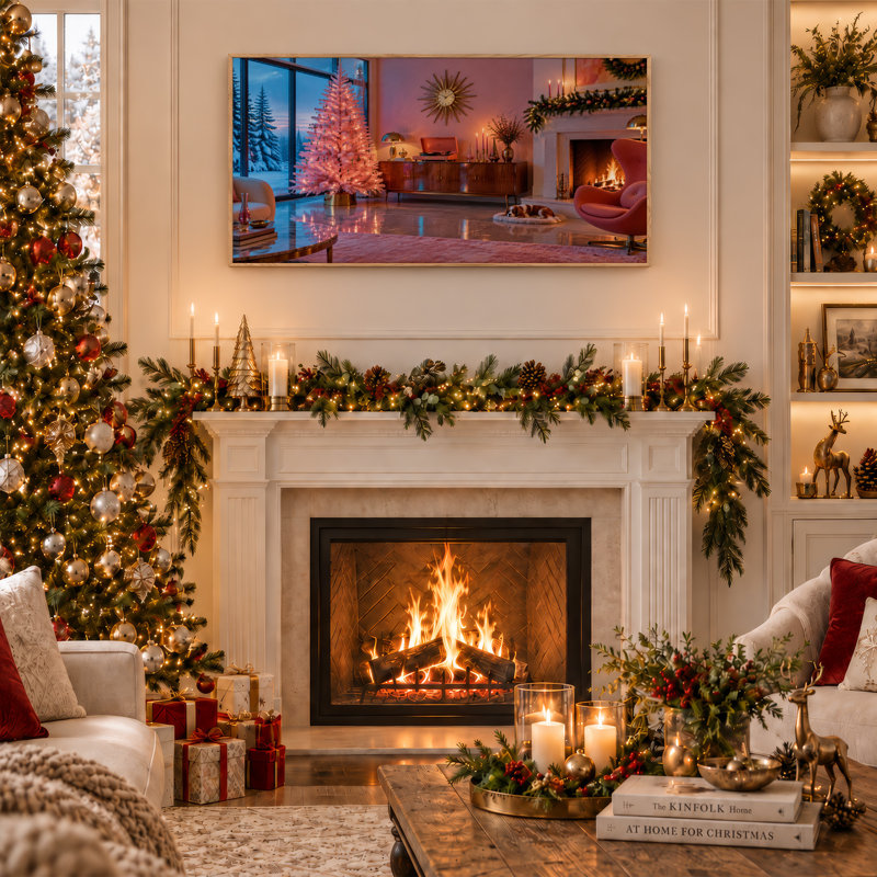 Mid-Century Living Room with Pink Tree and Christmas Canvas Wall Art, L 46 po x H 24 po