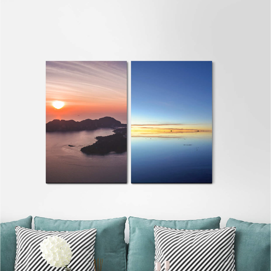 2-tlg. Leinwandbilder-Set - Fotografie „Sea Rocks Sunset Evening Red North Calming Width”