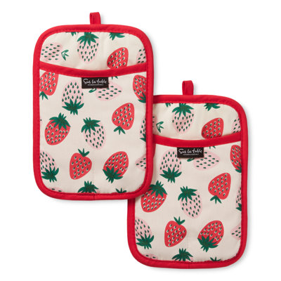 SUR LA TABLE KITCHEN ESSENTIALS Quirky Strawberries Fruit Potholder Set Pink/Green/Cream 7"x10"