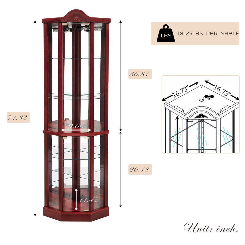  Corner Curio Cabinet, 72" H Lighted Glass Display Cabinet with 6 Adjustable Shelves, China Cabinet with Tempered Glass Doors, Light Blub Included, Rack for Living Room