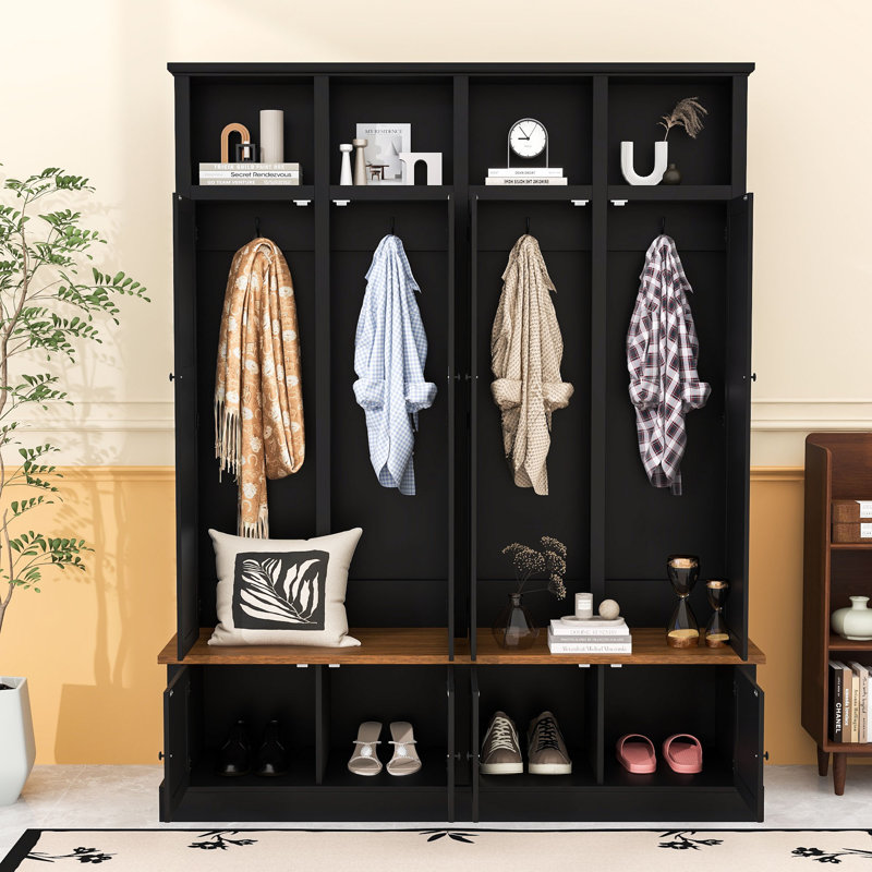 Hall Tree with Storage Bench, Hooks and Cabinets, Black