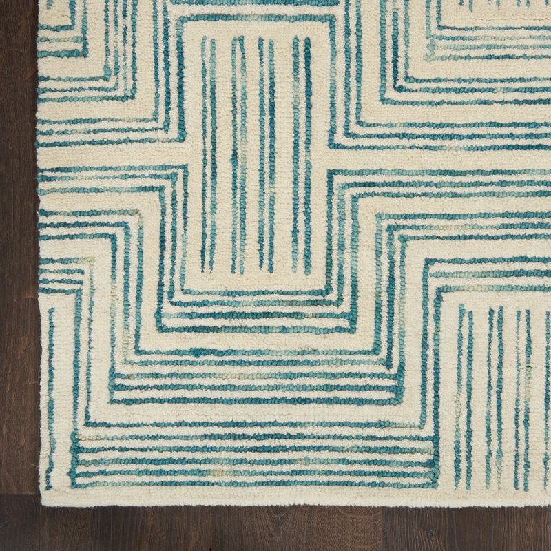 Tapis bleu / beige en laine touffeté à motif géométrique Jora, Rectangle 3 pi 9 po x 5 pi 9 po