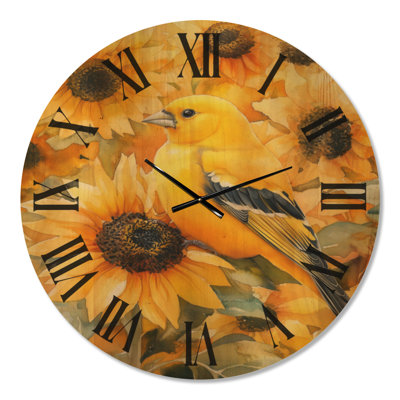 Horloge murale grands oiseaux en bois - Chardonneret en tournesols