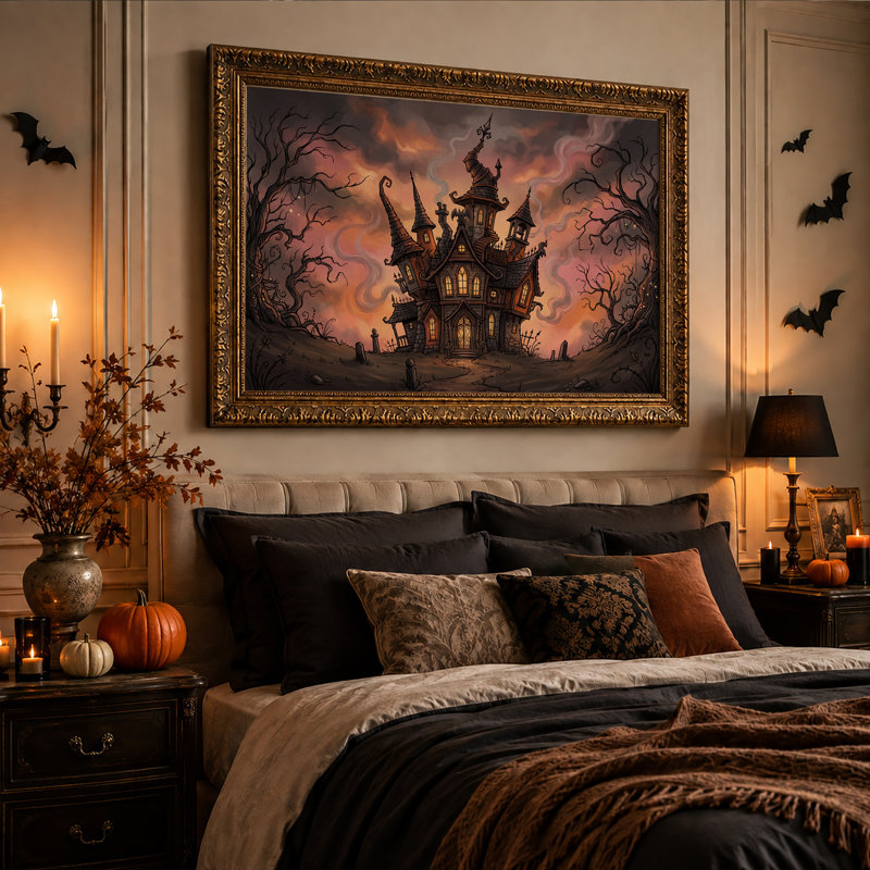 Manoir gothique hanté sous une toile murale rose et orange d'Halloween, H 20 po x l 30 po