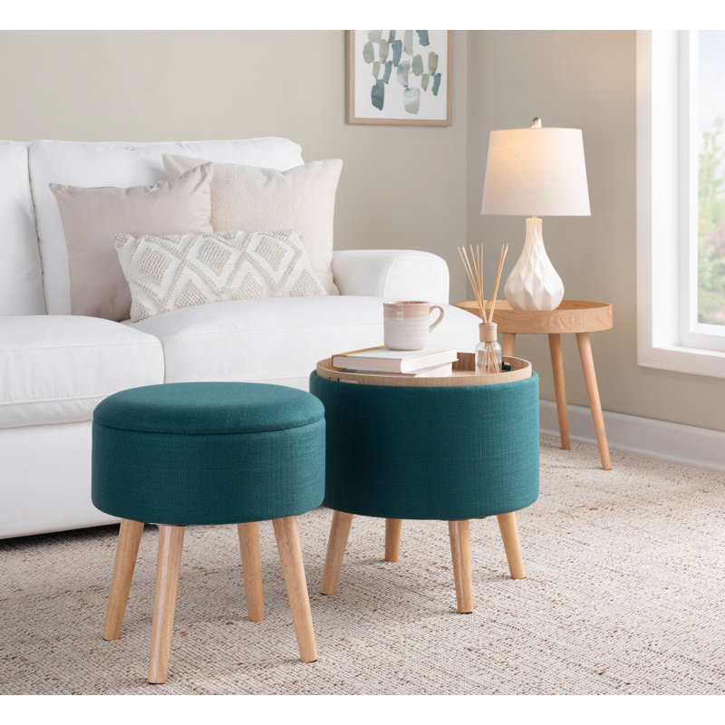 Repose-pieds de rangement rond de 17,75 po Borlow, Tissu bleu sarcelle