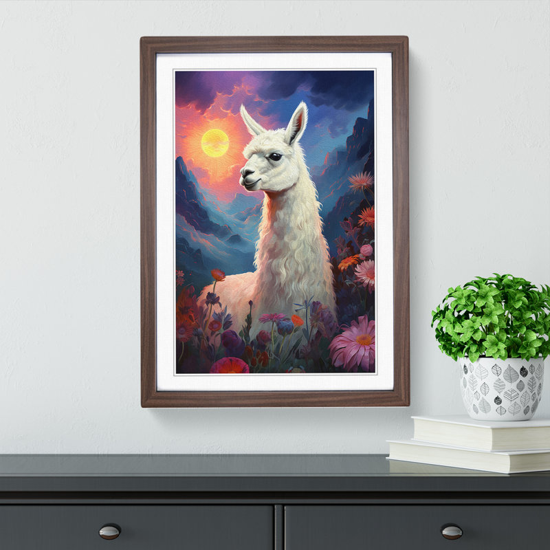 Llama Romanticism No.2 - Single Picture Frame Print on Wood, Walnut Framed, 64cm H x 46cm W x 2cm D