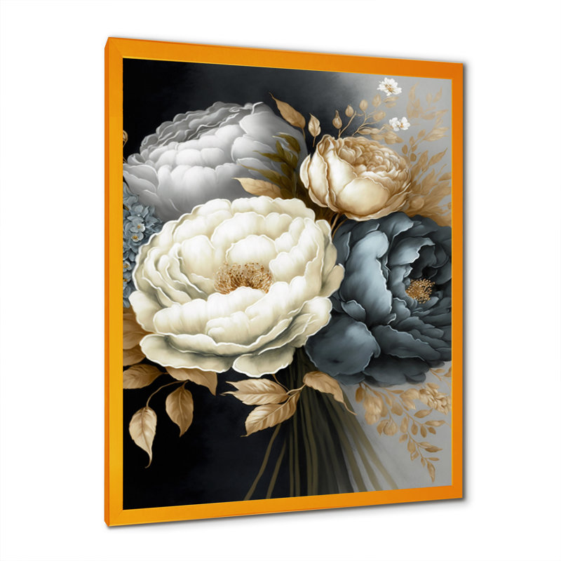 Bouquet de pivoines blanches, bleues et grises III - Impression sur toile, Cadre photo doré, H 32 po x l 16 po x P 1 po