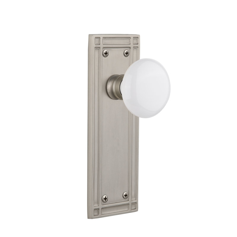 Mission Plate with White Porcelain Door Knob, Satin Nickel, 2-3/4”