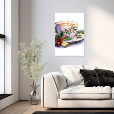 Cozy Christmas Candle Cup Contemporary Pine Nature Winter Wall Art Print 1 Piece Wrapped Canvas Wall Art