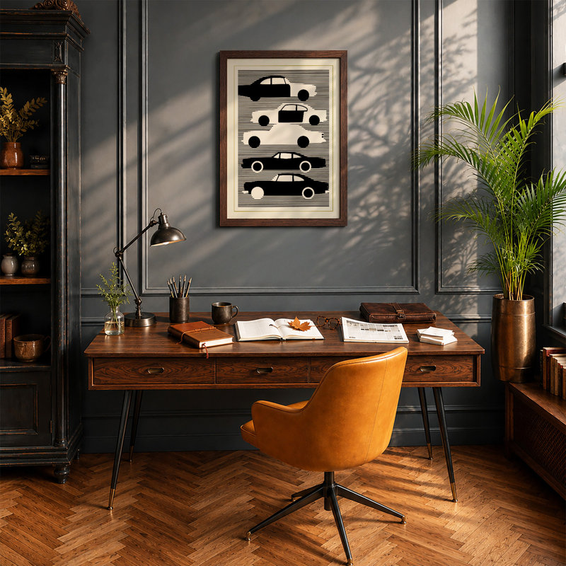 Stacked Automobiles Retro - Framed Print, A2 - 59.4 x 42.0 cm, Walnut