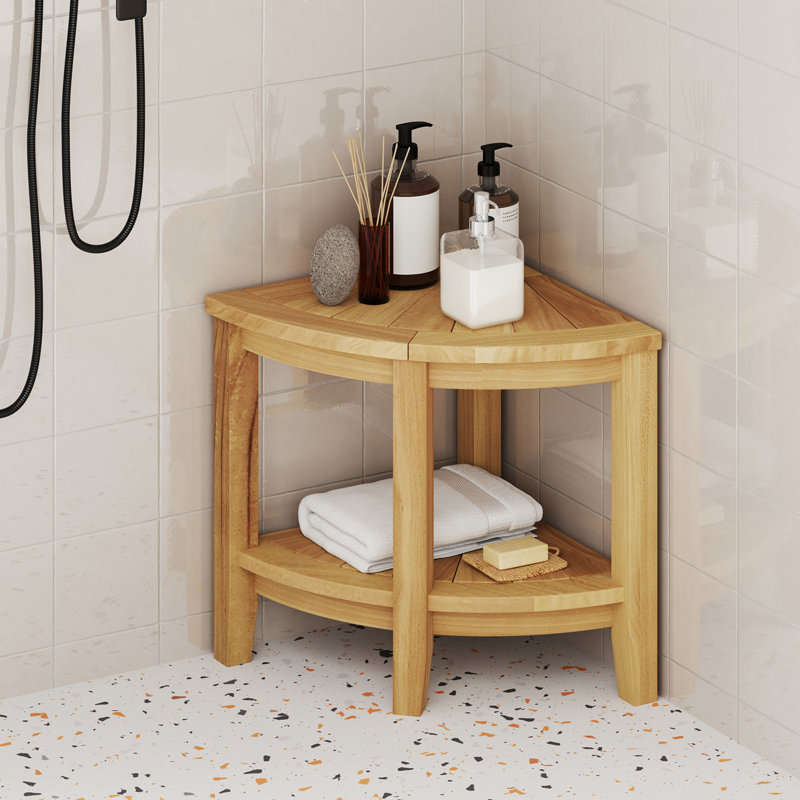 Corner Shower Stool Teak Wood Shower Bench w/ Storage Shelf Bathroom Foot Stool
