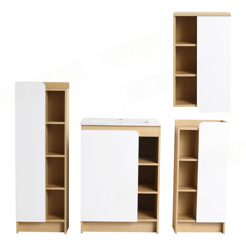 Ensemble de meuble-lavabo 4 pièces en chêne clair avec lavabo en céramique à bord mince, ensemble de meuble-lavabo avec armoires de rangement, panneaux de porte bicolores, ensemble KD