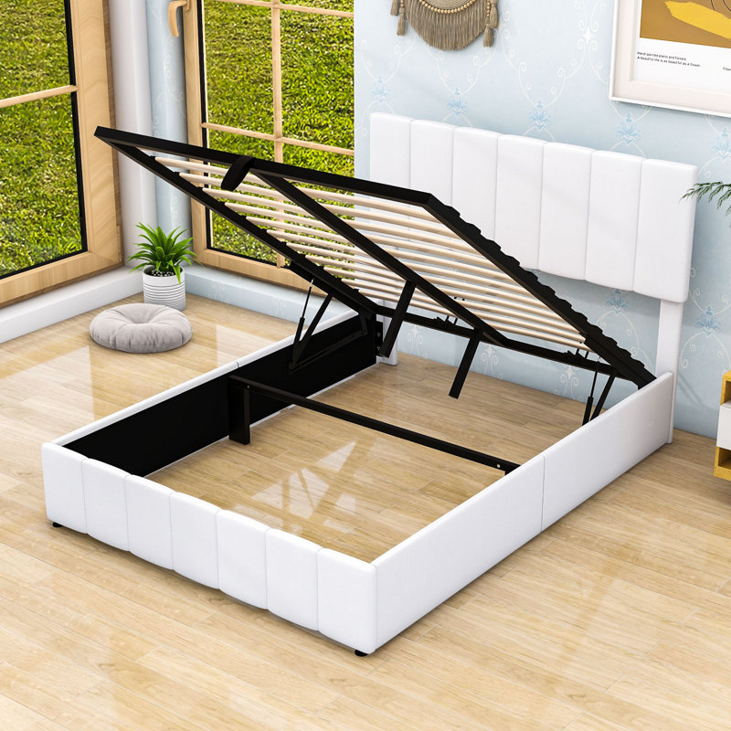 Upholstered Platform Bed with Hydraulic Storage System and Headboard, Full, White