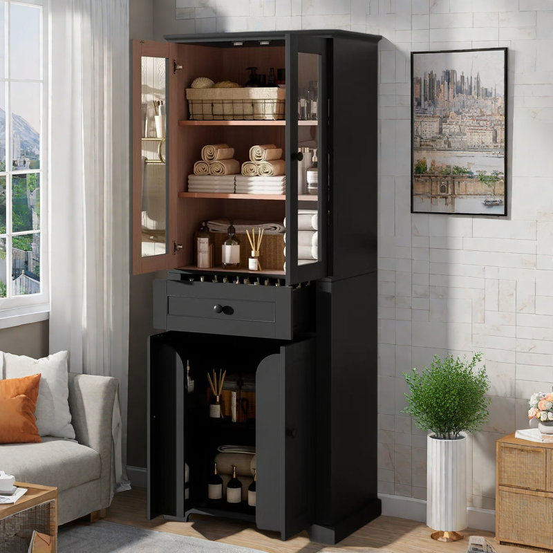 Grande armoire de rangement pour salle de bain avec portes en verre trempé, tablettes réglables, tiroir et fermeture en douceur