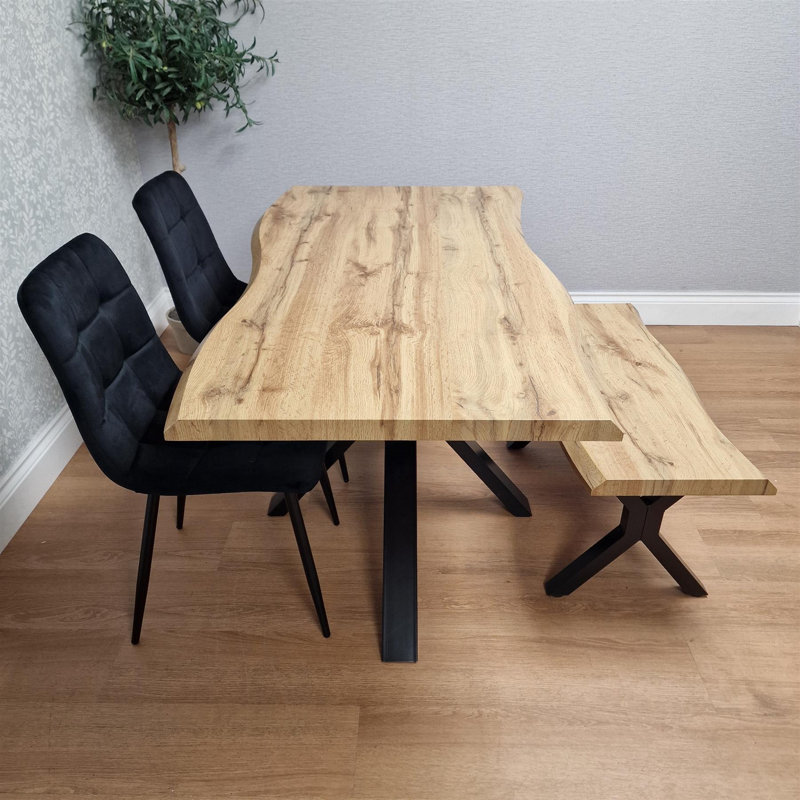 Wooden Brown Dining Table with Bench and 2 Velvet Chairs Dining Room Furniture