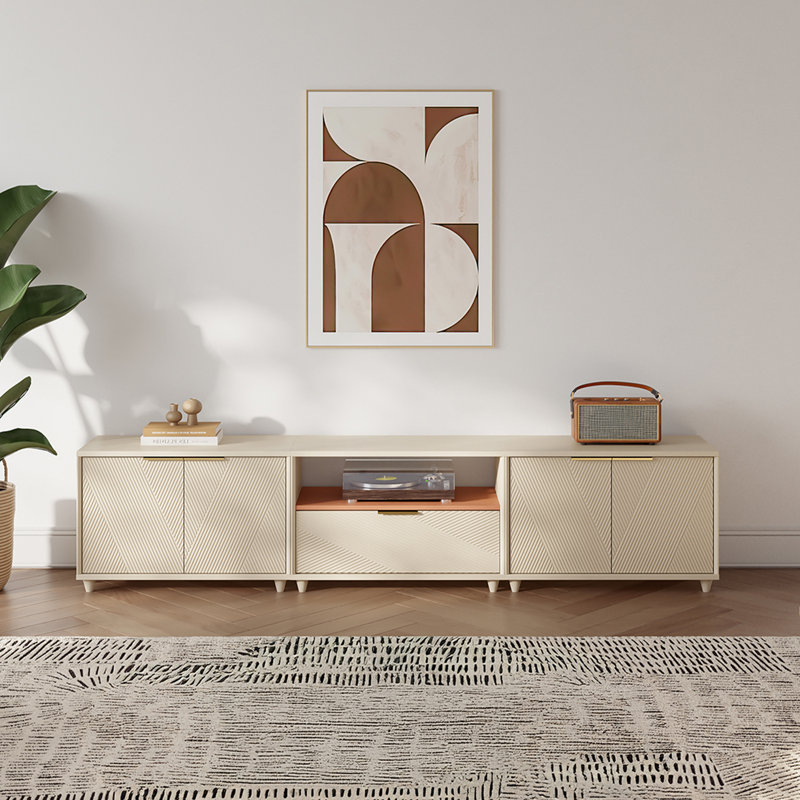 Meuble télé moderne avec rangement, Beige, H 19,7 po x L 88,6 po x l 15,8 po