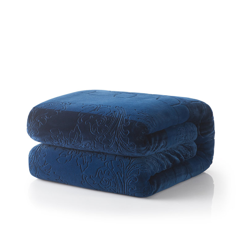  Jeté en sherpa embossé en flanelle, L 63 po x l 87 po, Bleu nuit confortable