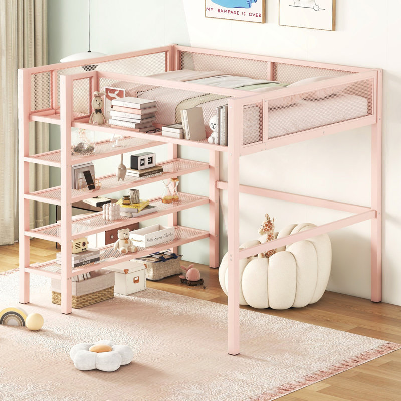 Lit mezzanine double en métal avec tablettes à 4 niveaux et rangement, Rose