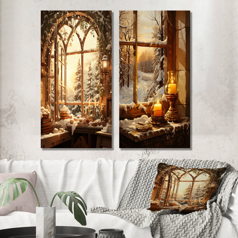 «Christmas Winter Window View I - Winter Landscape», ensemble de 2 impressions sur métal, H 28 po x l 24 po