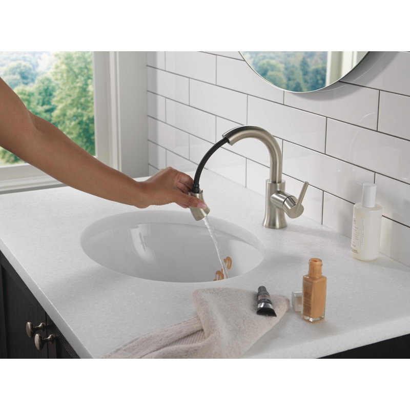 Robinet de salle de bain rétractable Trinsic, robinet de salle de bain escamotable, robinet de salle de bain monotrou en nickel brossé avec douchette rétractable, robinet de lavabo pour salle de bain, fixation magnétique, acier inoxydable
