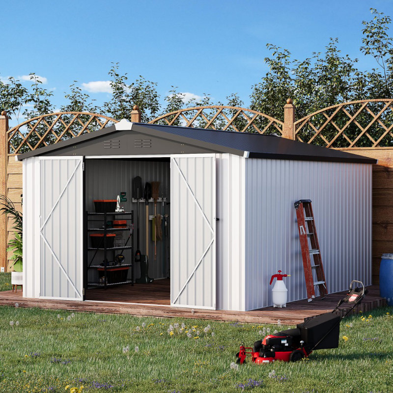 10' X 14' Large Metal Outside Storage Garden Sheds, White