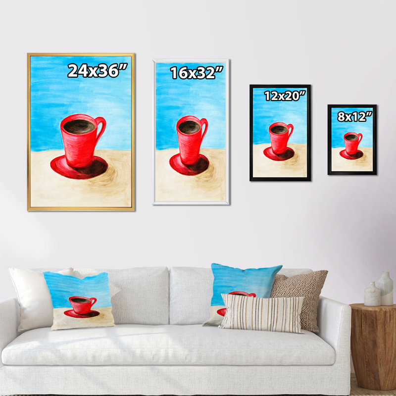 «Red Cup Of Coffee», art mural traditionnel sur toile, H 20 po x l 12 po x P 1 po, Cadre flottant blanc