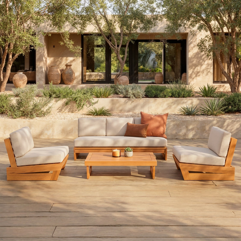 Ensemble de conversation de patio Askel pour 5 personnes en eucalyptus avec coussins