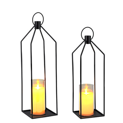 Ensemble de lanternes à DEL modernes - 2 supports décoratifs en métal noir avec bougies sans flamme scintillantes, télécommande et minuterie - Centre de table intérieur, extérieur, foyer, porche - 19 po et 22 po, noir sable