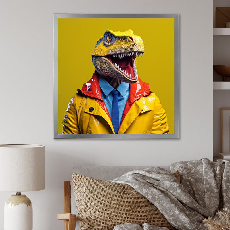 Jaune et bleu, premier dinosaure à la mode - art de mur de dinosaure, Cadre flottant doré, H 30 po x l 30 po x P 1,5 po