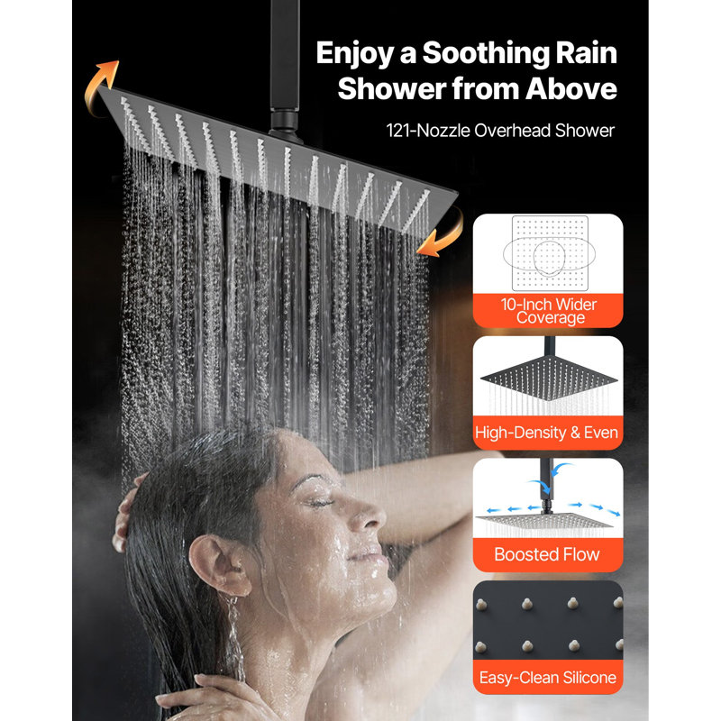 Shower Faucet Set, 10 Inch Ceiling Mount Rainfall Shower System With 6 Inch Wall Mount Head And 2 In 1 Handheld Spray, Rotatable 3-Function Dual Rain Head Brass Valve And Trim Kit, Matte Black