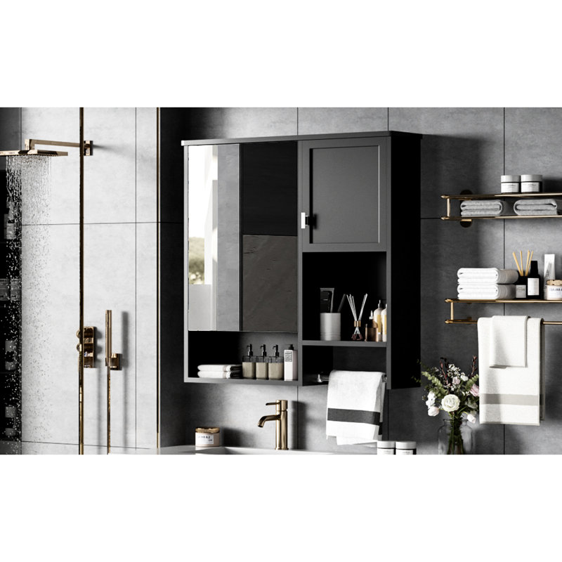 Armoire de miroir de salle de bain moderne 29 po x 28 po - hauteur de tablette réglable, matériaux, support mural noir, tablette, miroir