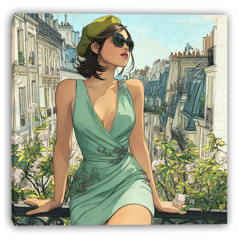 «Parisian Woman in Green Dress and Beret», art mural sur toile tendue