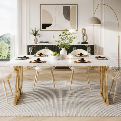 63" Modern Dining Table with White Faux Marble Top & Gold Geometric Base