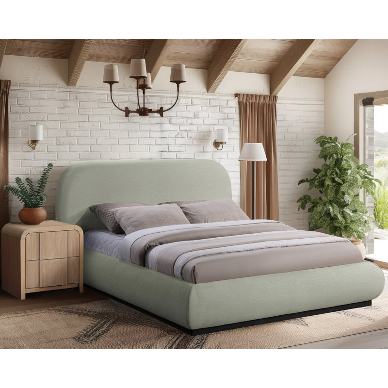Humayrah Upholstered Panel Bed, King, Mint Chenille Fabric / Stained Black