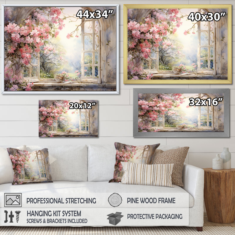 «Pink Blossoming Country Window Gaze I», reproduction d'art sur toile, Sans cadre, H 30 po x l 40 po, Wrapped Canvas