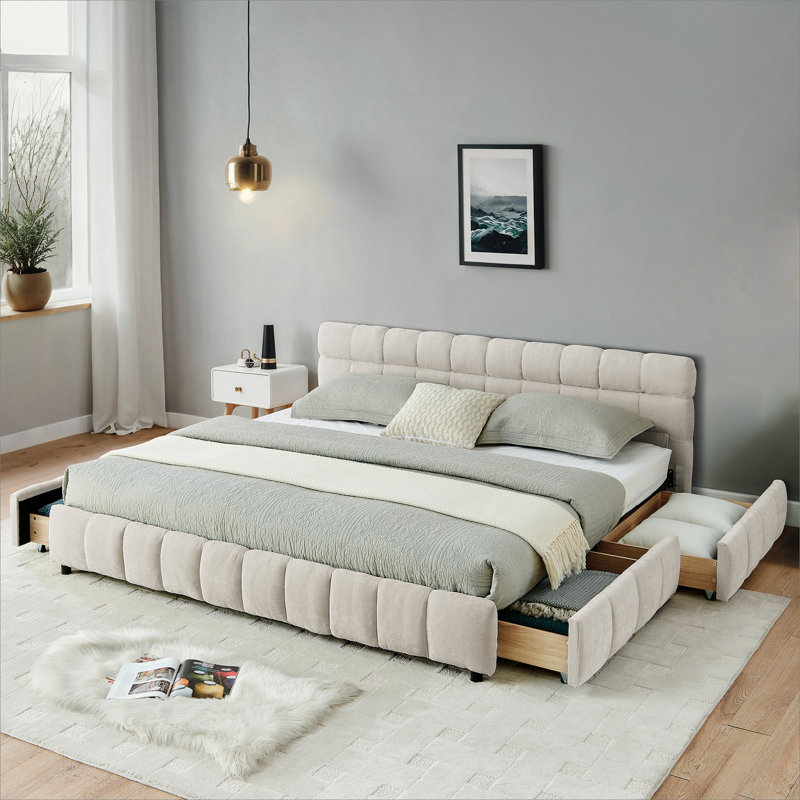 Lit tapissier très grand californien, cadre de lit rembourré confortable, tissu chenille, avec tête de lit et cadre de lit solide. Avec tiroir pour le rangement - beige (90,5 po x 80,5 po x 31 po)