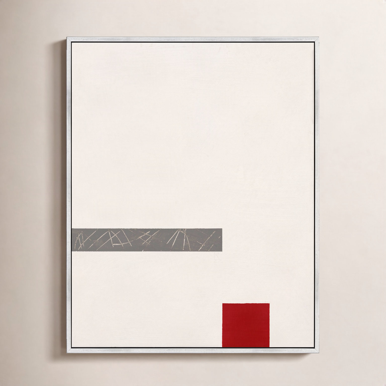 Tempo With Red 3 by Robert Kamnatnik, 30" H x 24" W x 1.38" D, Silver Framed Canvas