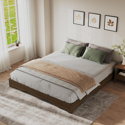 California King Size Walnut Wood Platform Bed Frame, Wave Design, Low Profile, Noise-Free