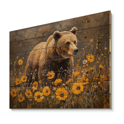 Summer Grizzly In The Wildflowers II - Bear Wood Wall Decor - On Natural Pine Wood