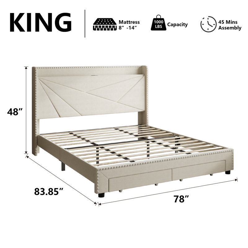 Structure de lit tapissier Tata avec tête de lit bibliothèque, station de charge et tiroirs de rangement Tata, Roi, Beige