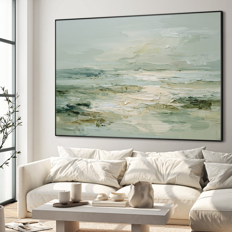 Très grande reproduction d'art sur toile - Horizon côtier vert tendre avec un pinceau superposé, mélange d'œuvres d'art pour le salon ou la chambre à coucher - «Assemblage requis du cadre (cadre non fini)»