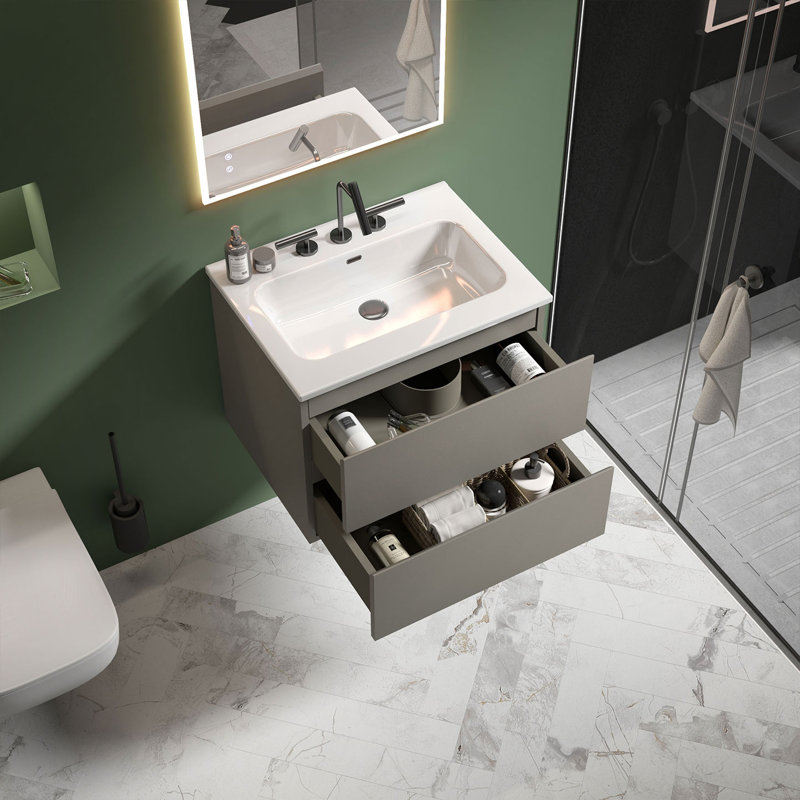 Meuble-lavabo simple 24 po avec dessus en céramique avec trop-plein Derrance, pré-assemblé, Gris, 24"