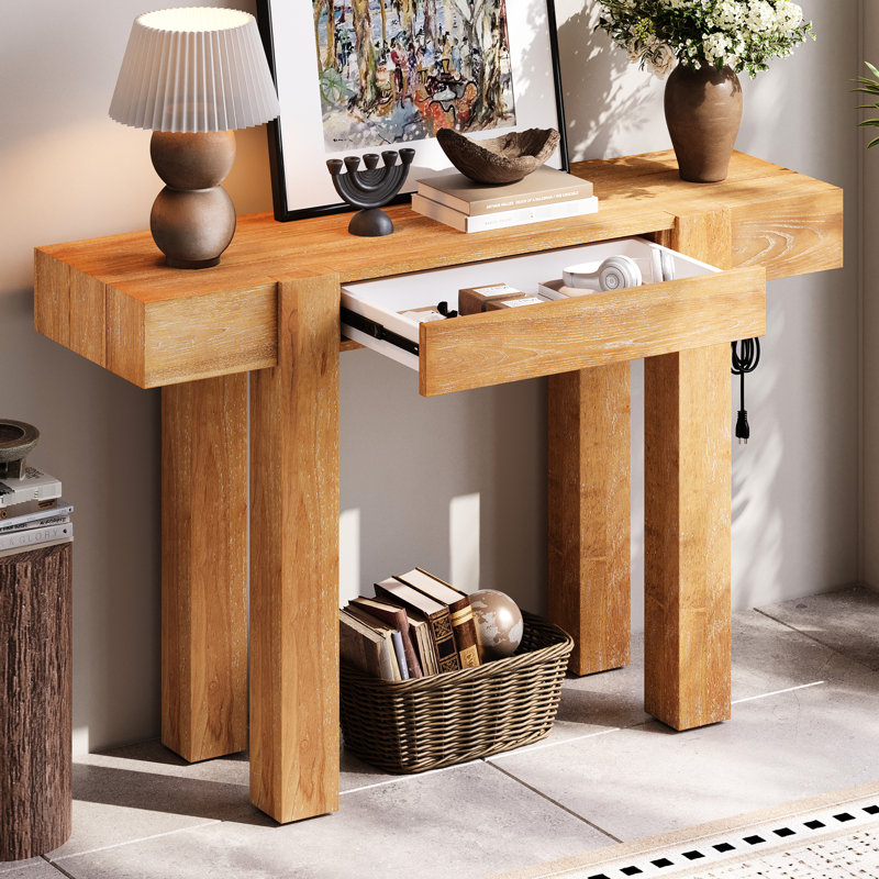 Table rustique naturelle pour les entrées, les salons et les bureaux à domicile, avec rangement caché pour prise de courant, hauteur intérieure de tiroir de 2,2 po, assemblage de 30 minutes - ports de chargement latéraux de la console minimalistes, avec
