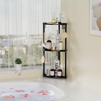 Support de douche de coin en coin, support de rangement de coin en acier inoxydable à 3 niveaux, tablette de douche au sol de grande capacité avec 4 crochets