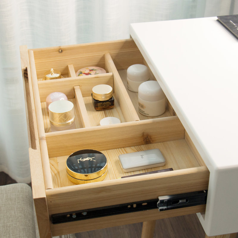 Leicester Vanity Table Set with Adjustable Brightness Mirror and Cushioned Stool, Wood/White