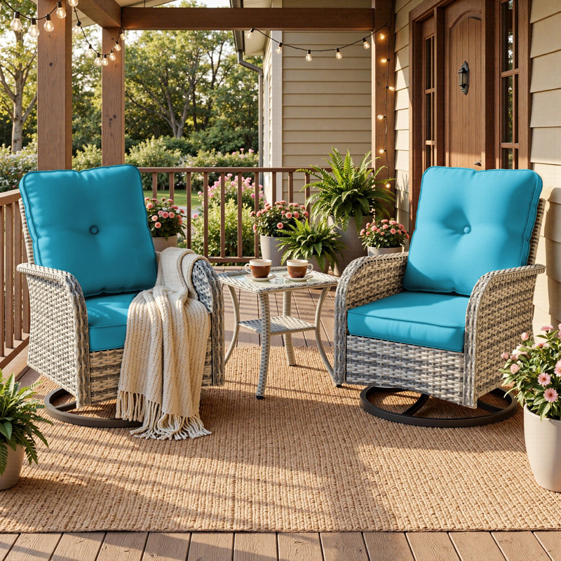 2-Person Patio Conversation Set With Rocking Swivel Chairs And Tempered-Glass Table, Turquoise Blue